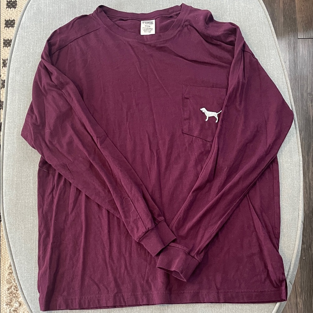PINK Victoria's Secret Burgundy Long Sleeve Tee with Dog Emblem